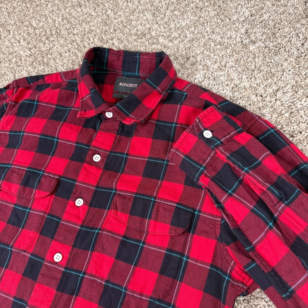 Bonobos Shirt Mens XL Red Black Plaid Flannel Button Up Long Sleeve Slim Fit
